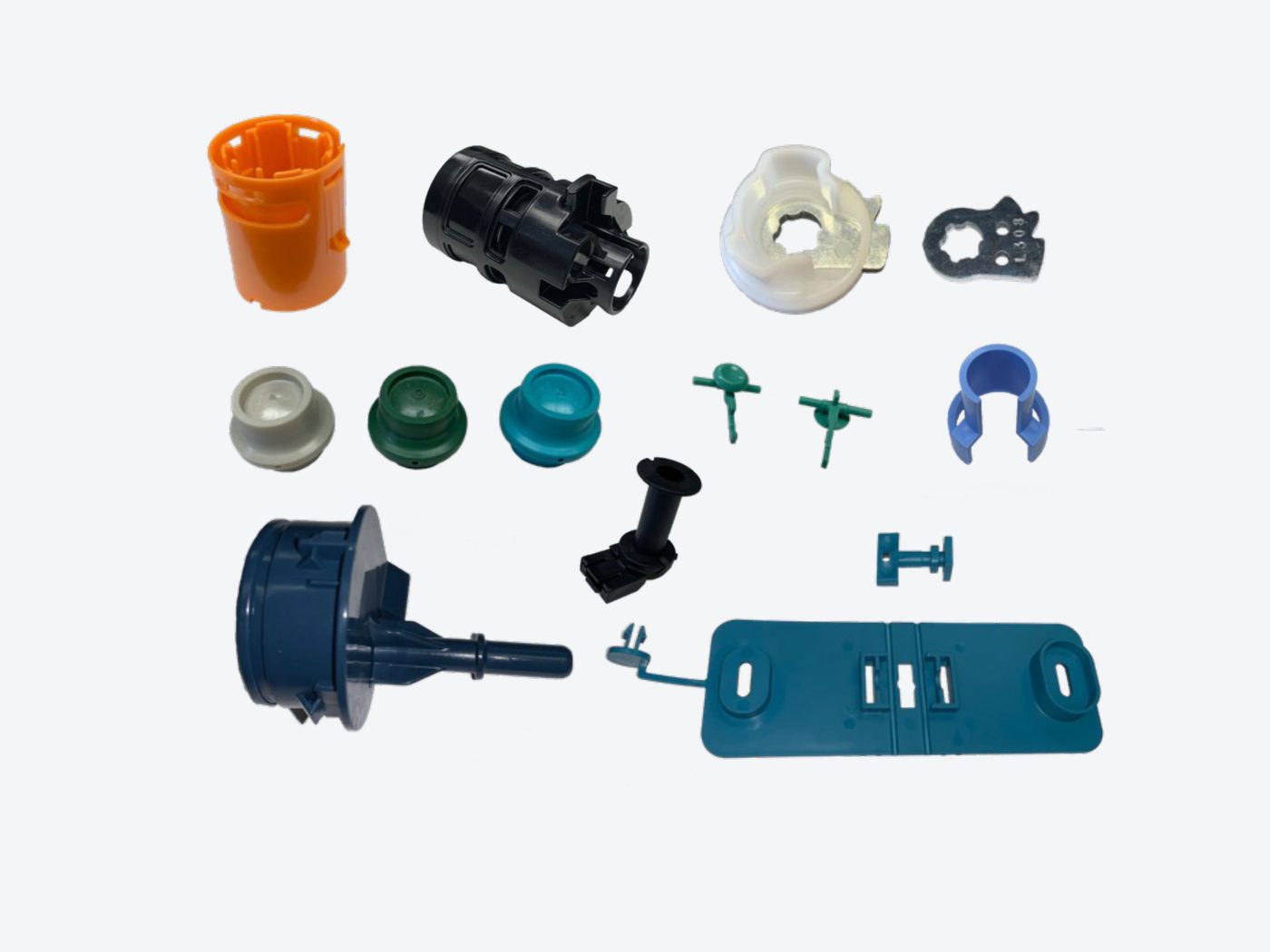 Assorted molded plastic components, representing the consumer products market