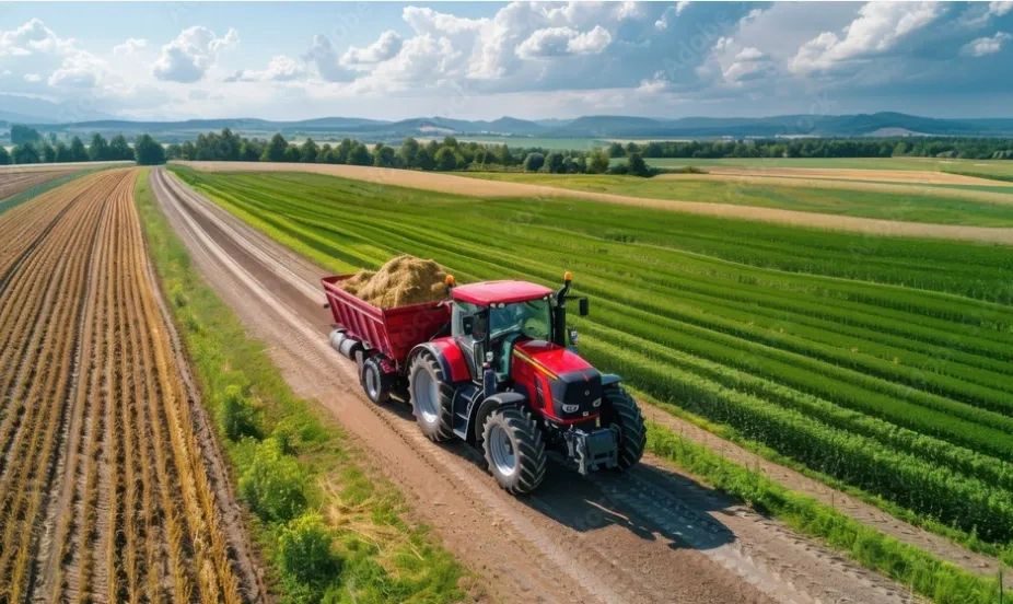 Tractor towing a loaded trailer through farmland, representing the off-road market